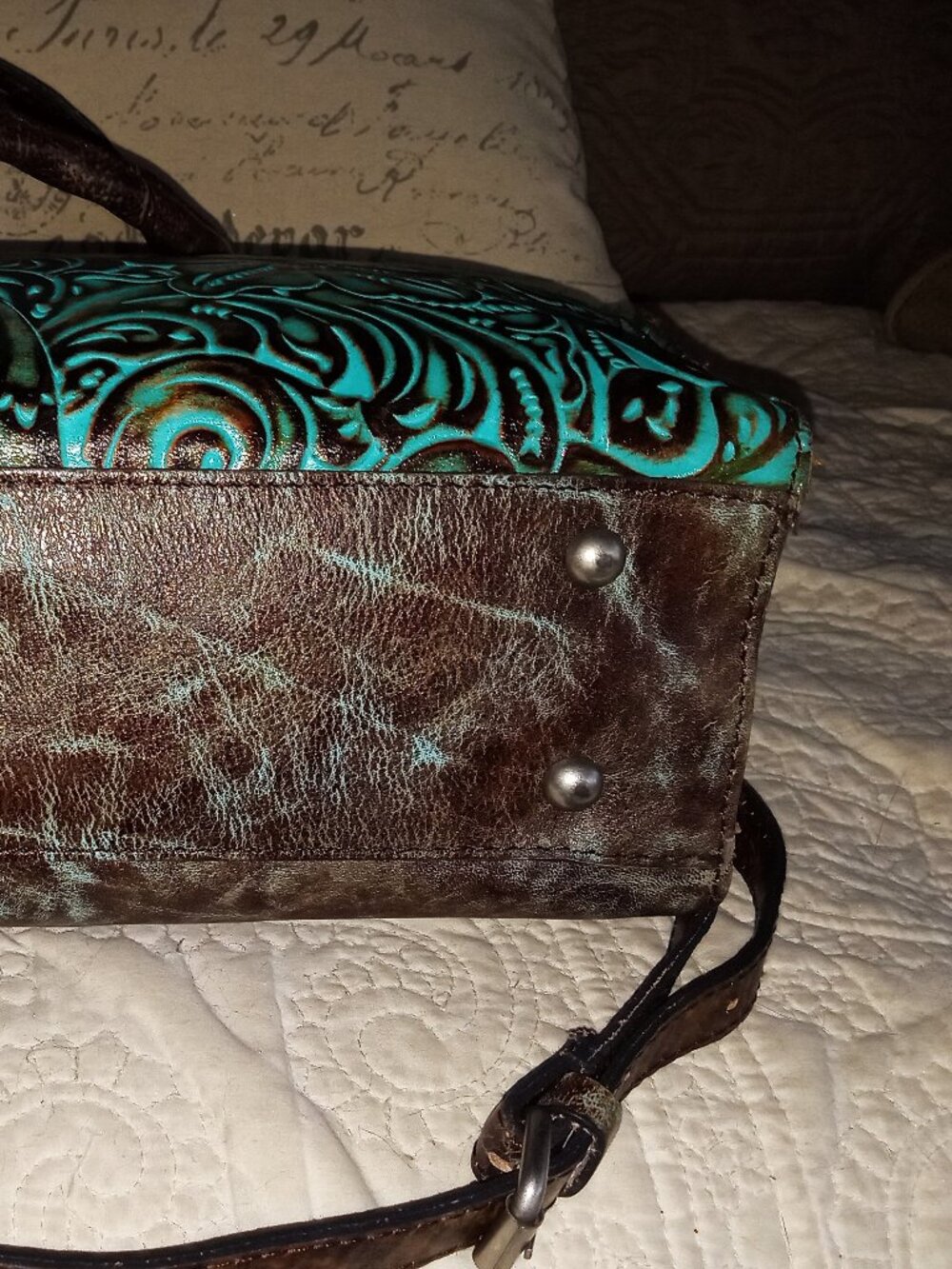 Patricia Nash Turquoise Brown Tooled Leather Satchel Crossbody Bag - Picture 5 of 10
